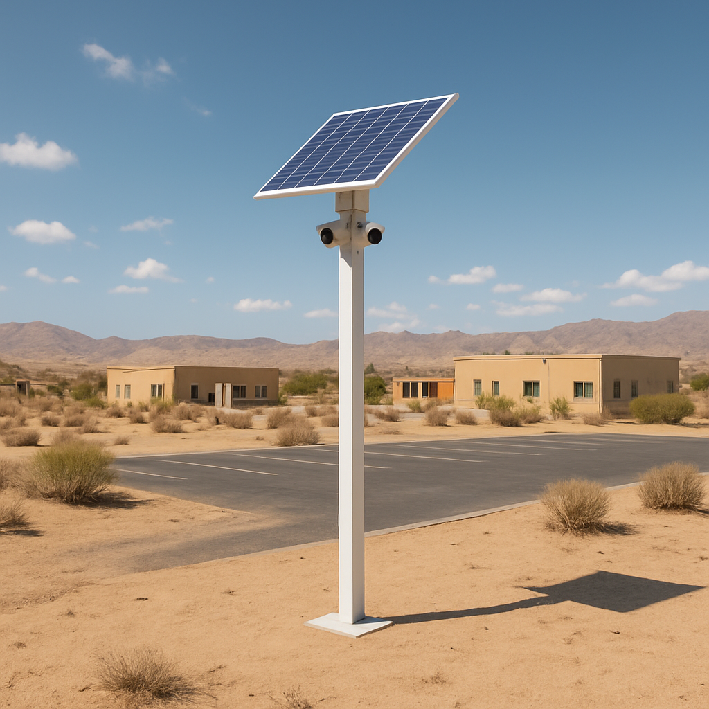 A mobile security pole equipped with two turret-style cameras is deployed in a desert environment within a parking lot, serving as a perimeter defense asset for property protection. The pole’s mobility allows for rapid repositioning to adapt to changing threats or surveillance requirements, while the dual turret cameras provide wide-angle, high-definition coverage with pan-tilt-zoom capabilities. In the harsh desert setting—characterized by extreme temperatures, dust, and glare—the cameras are typically housed in weatherproof, vibration-resistant enclosures to ensure reliable operation. Mounted at an elevated height, the pole offers an unobstructed view of the outer perimeter, enabling continuous monitoring of vehicle and pedestrian entry points. The system operates autonomously or integrates with a central security network, sending real-time alerts upon detecting unauthorized access or suspicious behavior. This configuration enhances situational awareness for security personnel, reduces blind spots, and acts as a visible deterrent. By combining mobility, robust camera technology, and desert-hardened design, the mobile security pole effectively guards the parking lot’s boundary, safeguarding property against intrusion, theft, or vandalism in challenging environmental conditions.