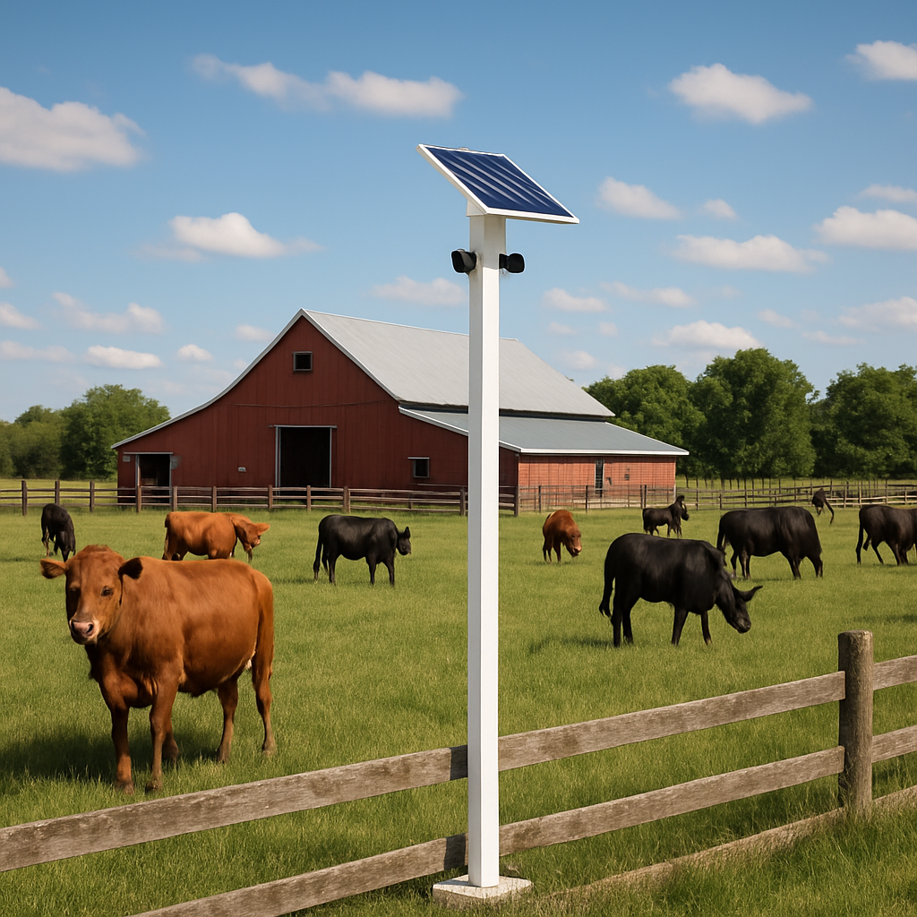 A mobile security pole equipped with two black-colored cameras is deployed on a farm to monitor the outer perimeter and protect livestock, including cows and horses. This portable surveillance system is designed for flexible placement along field edges, paddocks, or pasture boundaries. The cameras provide continuous visual monitoring, deterring potential predators or unauthorized intruders that may threaten the animals. The pole's mobility allows farmers to reposition it as needed, adapting to changing grazing patterns or seasonal requirements. Each camera offers clear daytime and nighttime imagery, enabling round-the-clock observation without the need for fixed infrastructure. By covering vulnerable entry points, the system helps ensure the safety of herds, reducing the risk of loss or injury. The black-colored cameras blend into the rural environment while maintaining a professional security presence. Overall, this mobile solution combines practicality with reliable surveillance, giving farmers peace of mind that their valuable livestock remains under constant watch.