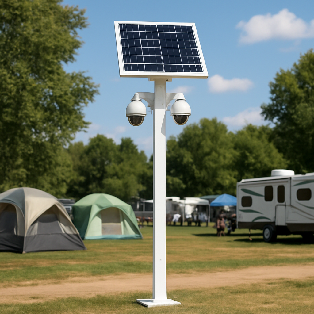 A mobile security pole is equipped with two cameras mounted on the post beneath a solar panel, deployed at a campground to monitor visitor activity. The solar panel powers the system, enabling continuous surveillance without reliance on external electricity. The two cameras provide wide coverage, capturing footage of visitors moving through the campground. This setup enhances safety and security by deterring unauthorized behavior and documenting incidents. The pole's mobility allows it to be repositioned as needed, adapting to changing campground layouts or high-traffic areas. The cameras are weather-resistant and operate around the clock, storing recordings for review. Overall, the mobile security pole serves as an effective, self-contained monitoring solution for campground management, balancing visitor privacy with necessary oversight. Its design emphasizes practicality and efficiency, ensuring reliable observation in outdoor settings.