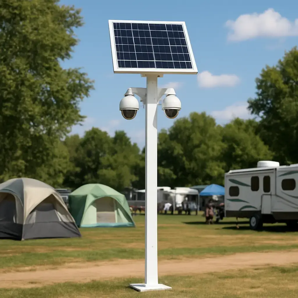 A mobile security post is equipped with two cameras mounted on the post beneath a solar panel, deployed at a campground to monitor visitor activity. The solar panel powers the system, enabling continuous surveillance without reliance on external electricity. The two cameras provide wide coverage, capturing footage of visitors moving through the campground. This setup enhances safety and security by deterring unauthorized behavior and documenting incidents. The post's mobility allows it to be repositioned as needed, adapting to changing campground layouts or high-traffic areas. The cameras are weather-resistant and operate around the clock, storing recordings for review. Overall, the mobile security post serves as an effective, self-contained monitoring solution for campground management, balancing visitor privacy with necessary oversight. Its design emphasizes practicality and efficiency, ensuring reliable observation in outdoor settings.